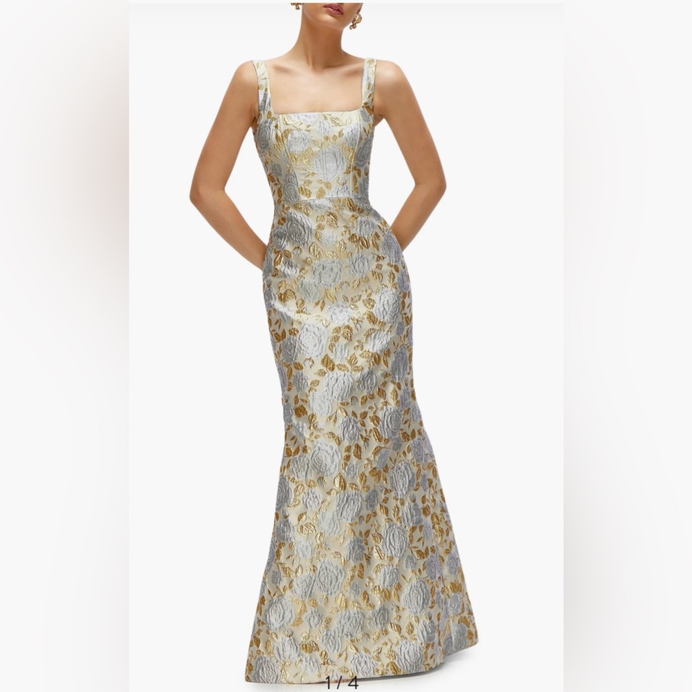 Dessy Collection Gold and Silver Floral Jacquard Gown